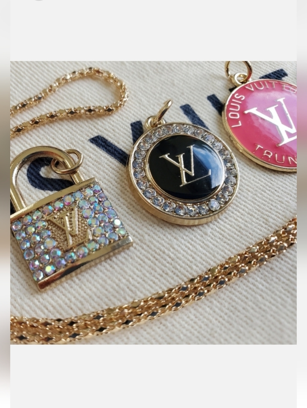3 Louis Vuitton Zip Pull/pendants, 18" gold Plated Snake CHAIN INCLUDED